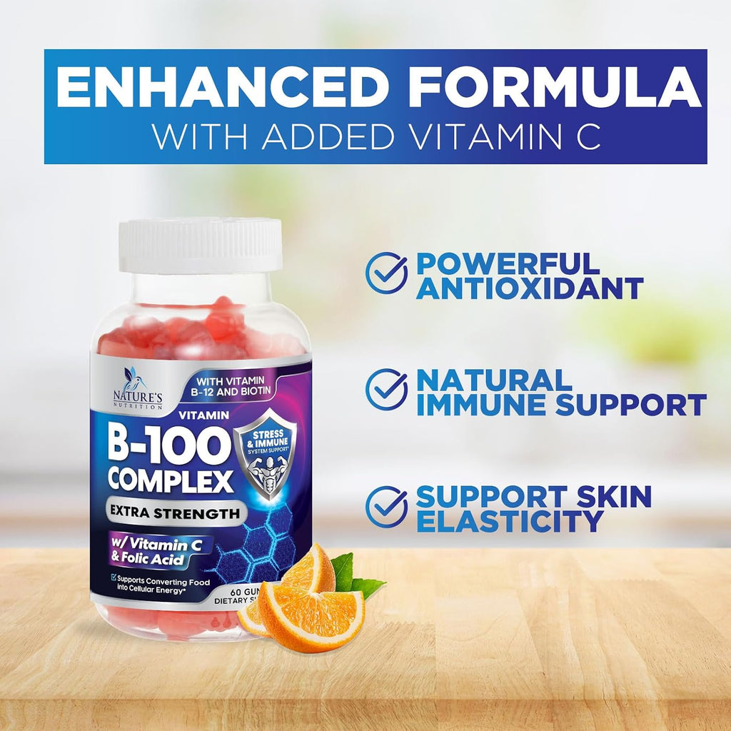 Vitamin B Complex Gummies – Extra Strength Super B Vitamin Gummy con Vitamina C, Apoyo Inmunológico para Hombres y Mujeres – Suplemento de Energía y Apoyo Cerebral con Ácido Fólico, Niacina, B6, B12 – 60 Gominolas