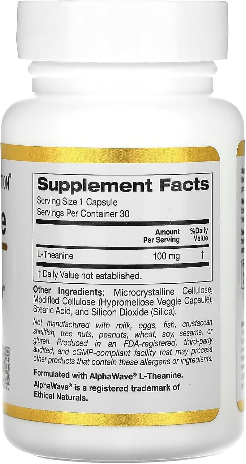 California Gold Nutrition L-Teanina, con AlphaWave, 100 mg, 30 Cápsulas Vegetales
