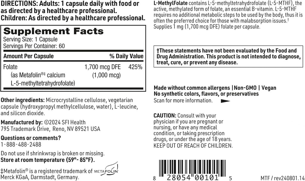 Klaire Labs SFI Health L-Metilfolato - 1000 mcg (1 mg) Folato como Metafolin L-5-MTHF, 60 Cápsulas