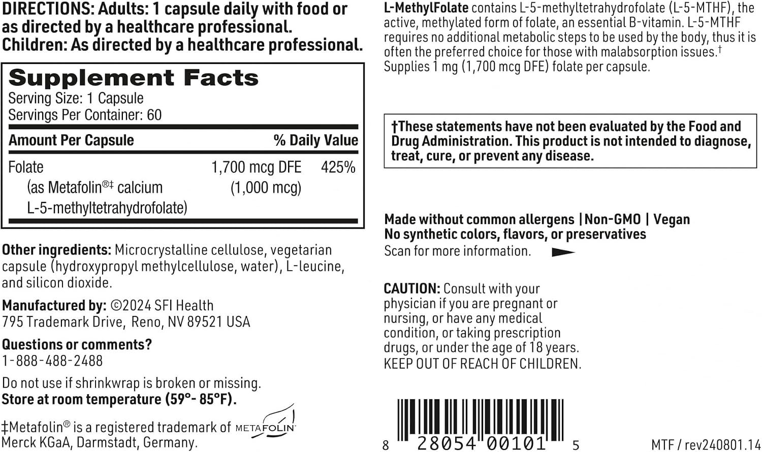 Klaire Labs SFI Health L-Metilfolato - 1000 mcg (1 mg) Folato como Metafolin L-5-MTHF, 60 Cápsulas