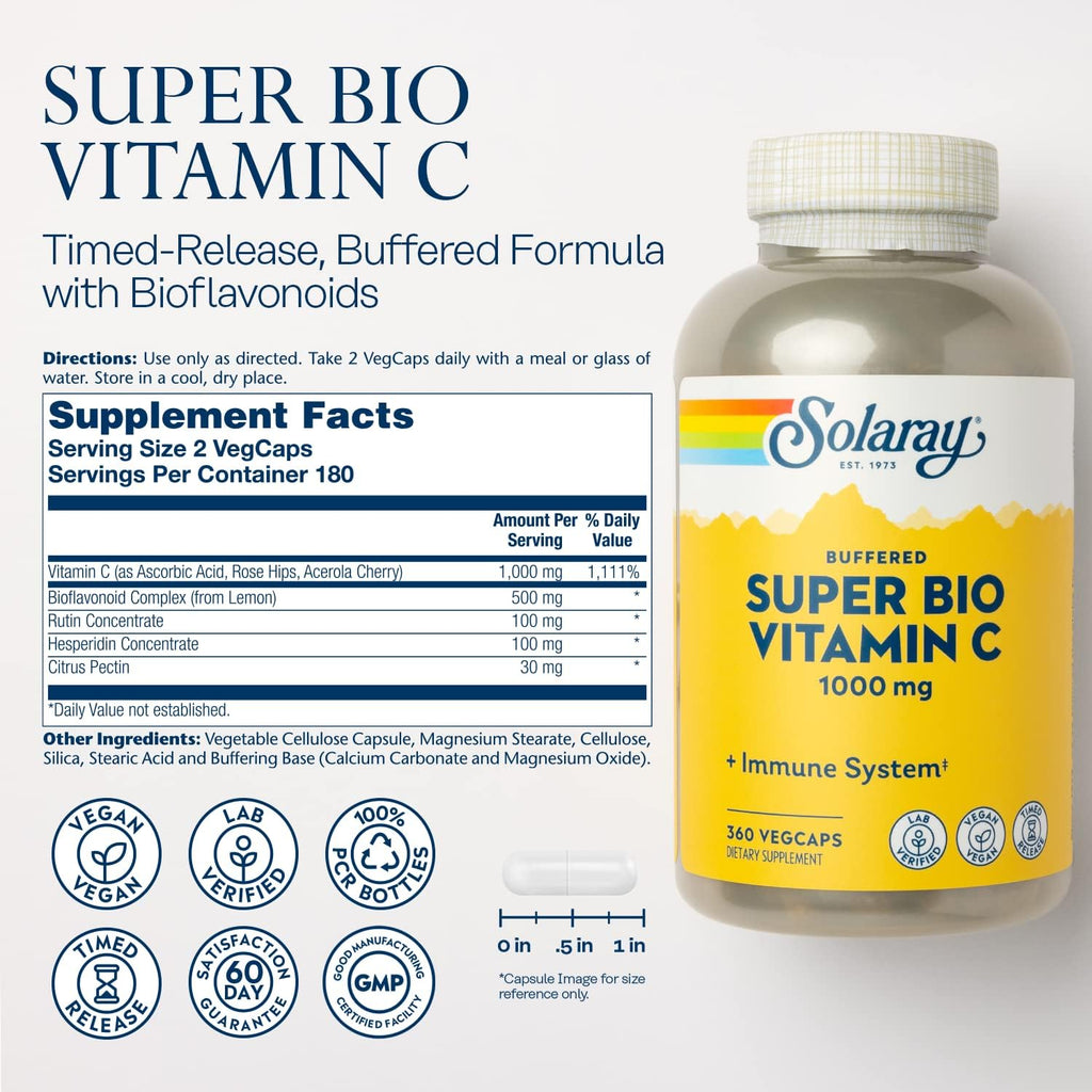 Solaray Super Bio Vitamina C Amortiguada 1000 mg – Liberación en Dos Fases con Bioflavonoides – 360 Cápsulas