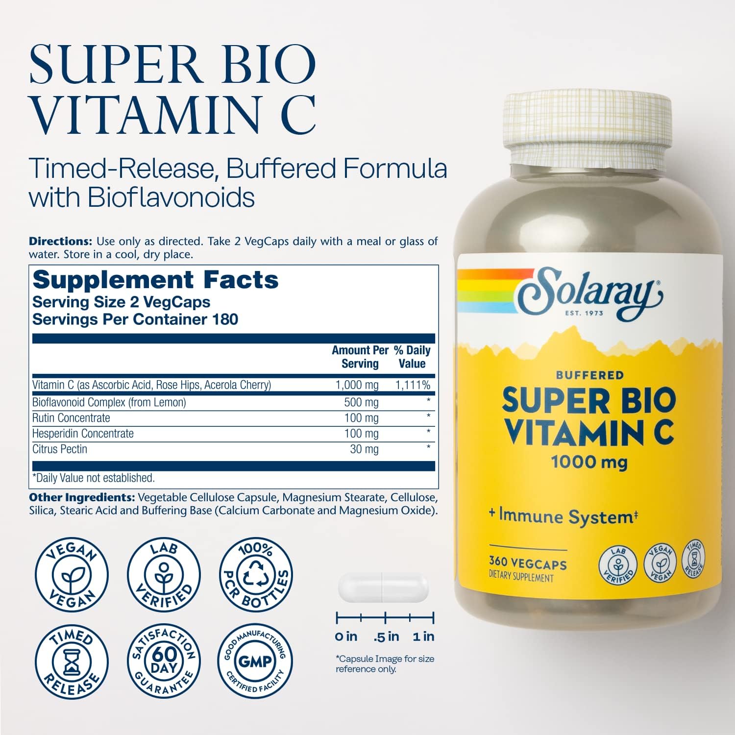 Solaray Super Bio Vitamina C Amortiguada 1000 mg – Liberación en Dos Fases con Bioflavonoides – 360 Cápsulas