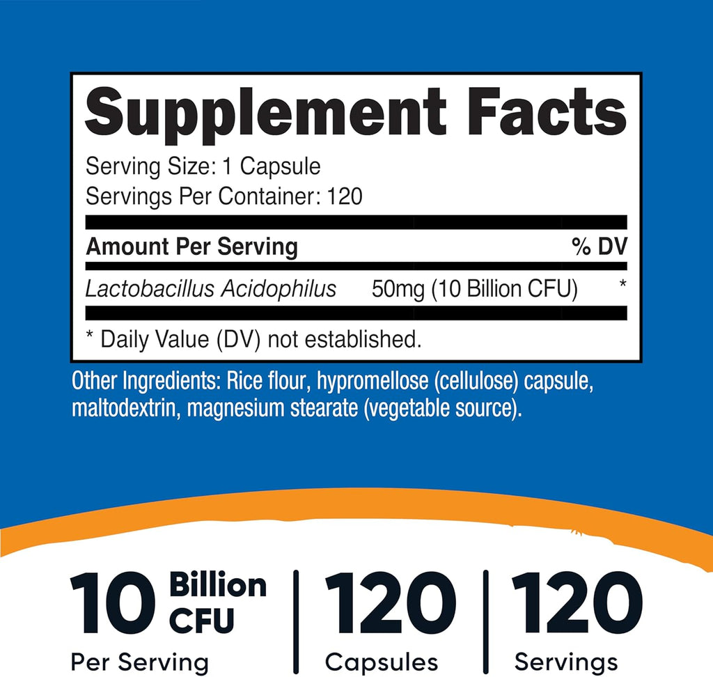 Nutricost Lactobacillus Acidophilus 10 Mil Millones UFC, 120 Cápsulas Vegetarianas
