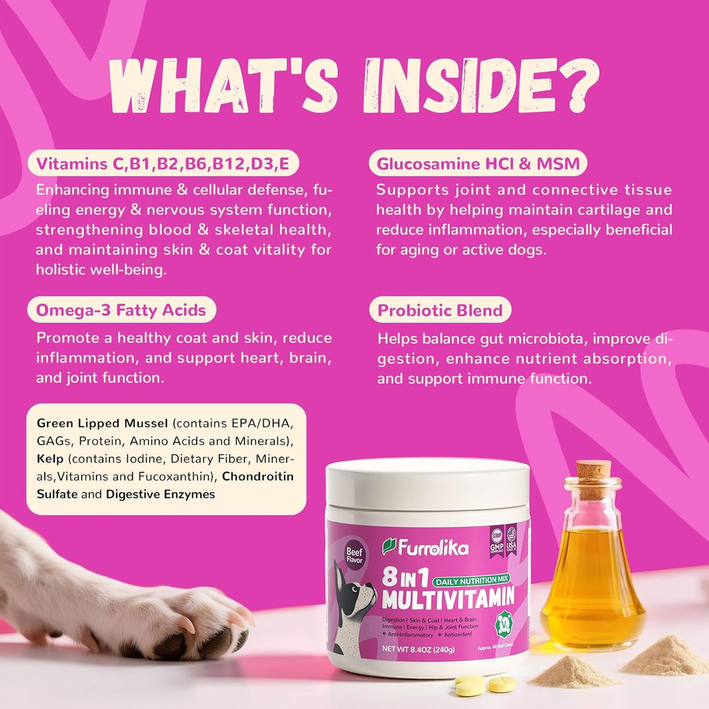 Furrolika Multivitamínico Masticable para Perros - 60 unidades - Apoyo para Articulaciones, Digestión y Piel