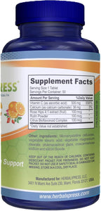 Herbalxpress Vitamina C 500 mg con Escaramujo, Ácido Ascórbico y Bioflavonoides Cítricos, 50 Comprimidos