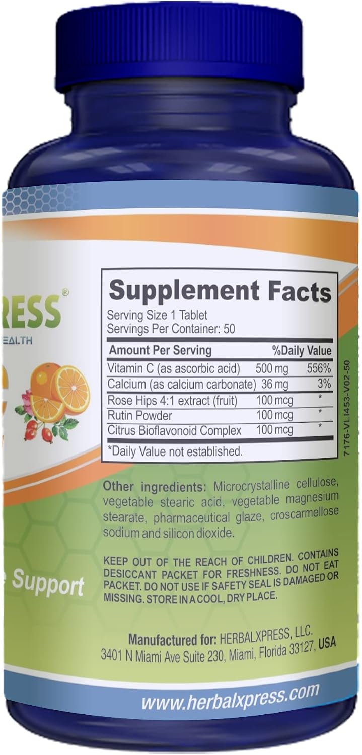 Herbalxpress Vitamina C 500 mg con Escaramujo, Ácido Ascórbico y Bioflavonoides Cítricos, 50 Comprimidos