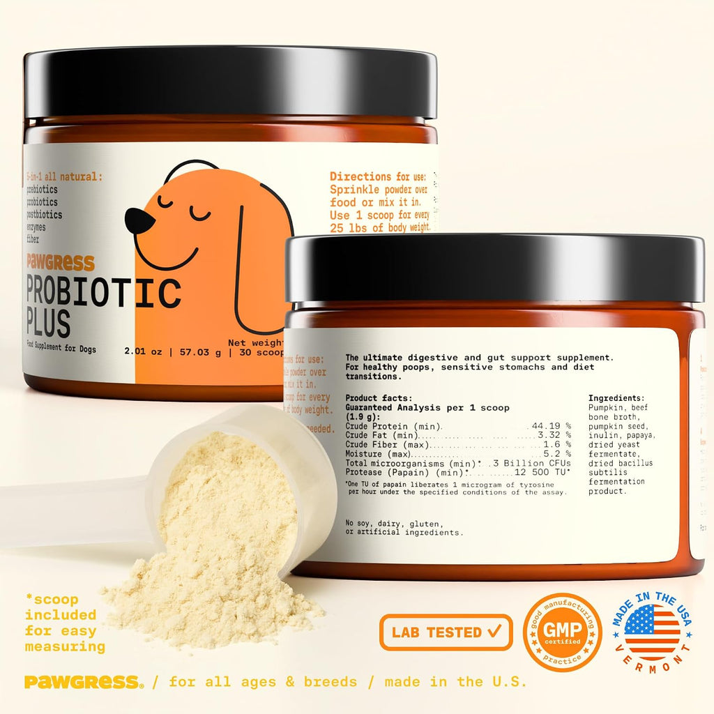 5-in-1 Probiótico en Polvo para Perros – Apoyo Digestivo Natural con Prebióticos, Postbióticos y Enzimas – Fabricado en EE.UU. – 30 Dosis