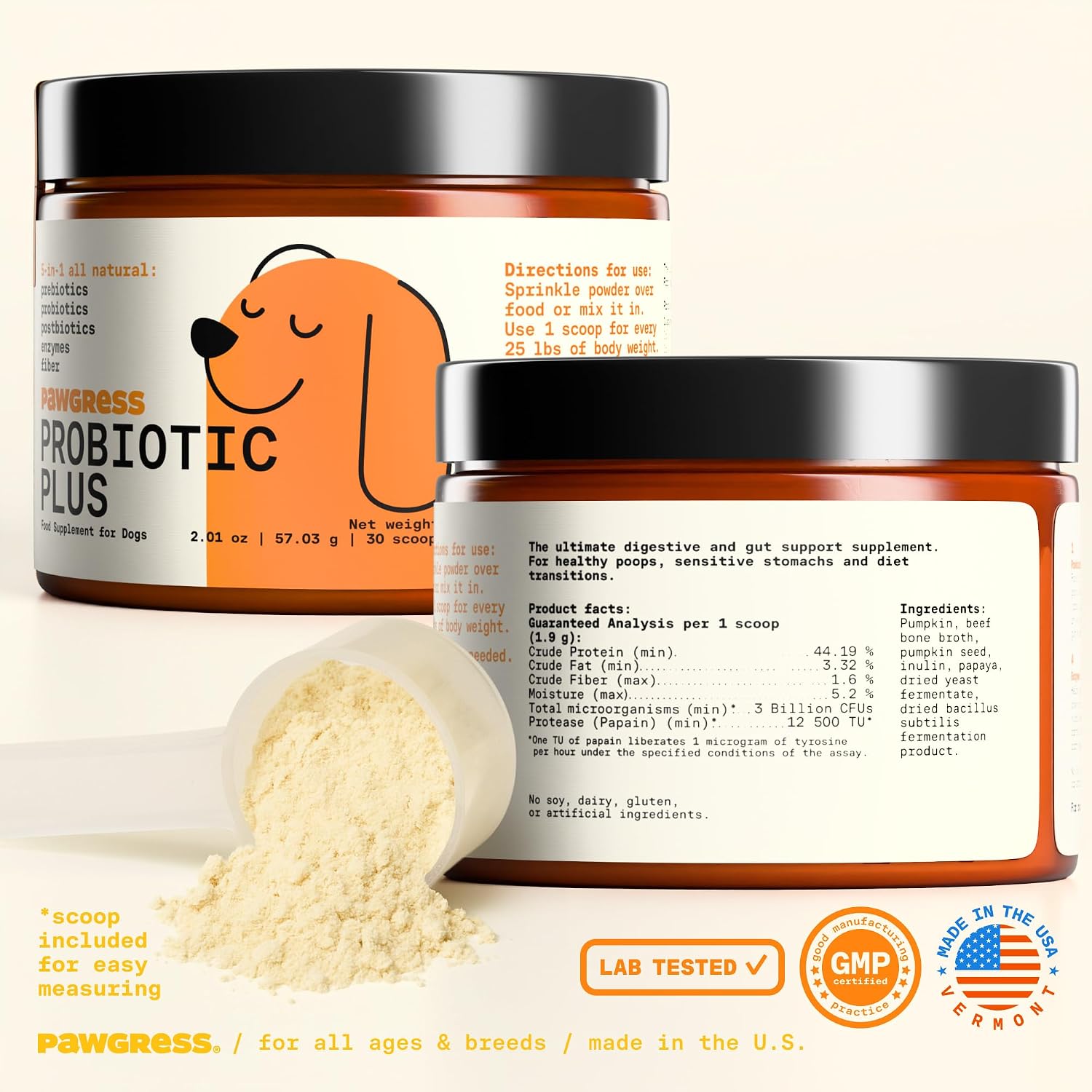 5-in-1 Probiótico en Polvo para Perros – Apoyo Digestivo Natural con Prebióticos, Postbióticos y Enzimas – Fabricado en EE.UU. – 30 Dosis