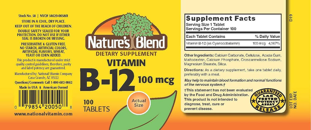 Nature's Blend Vitamina B-12 100 mcg - 100 Comprimidos