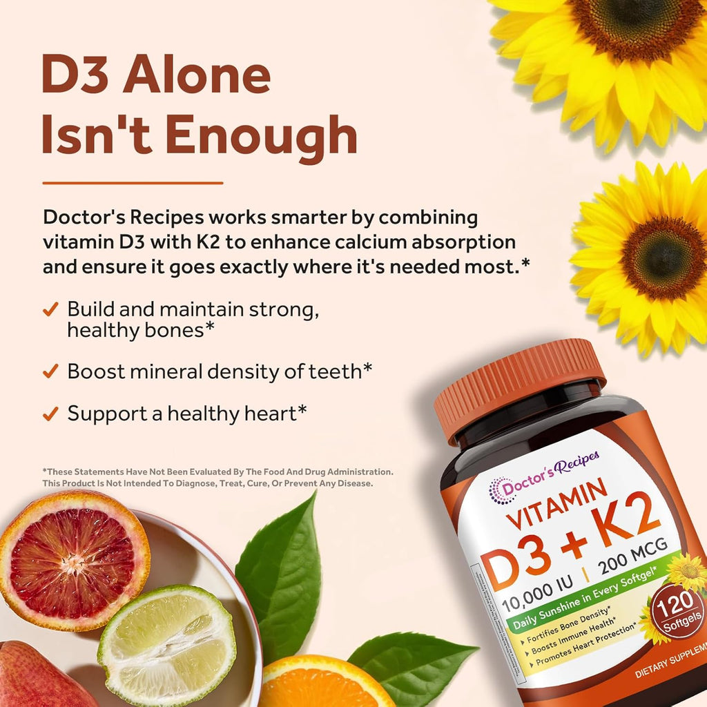 Doctor's Recipes Vitamina D3 + K2, 10.000 UI, 200 mcg MK-7, 120 Cápsulas Blandas