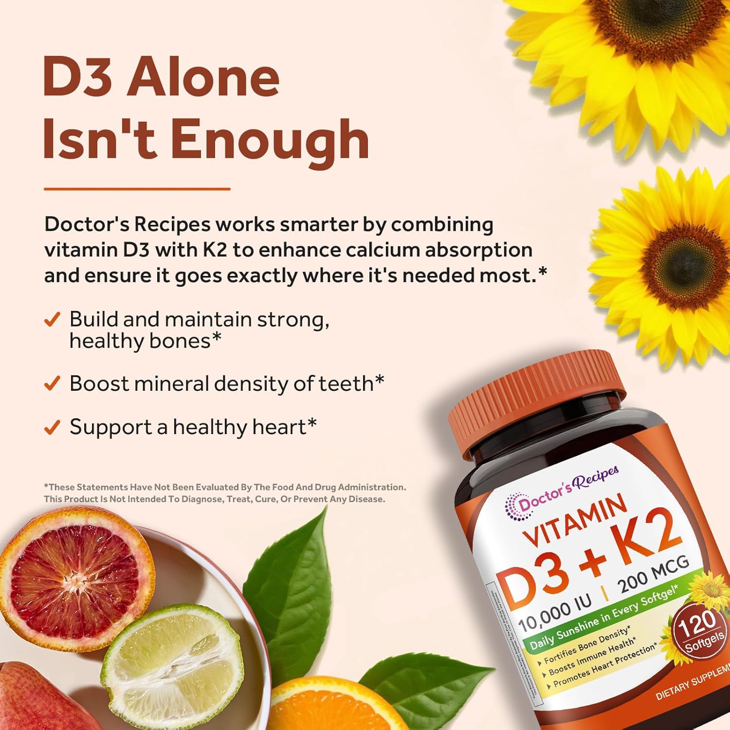 Doctor's Recipes Vitamina D3 + K2, 10.000 UI, 200 mcg MK-7, 120 Cápsulas Blandas