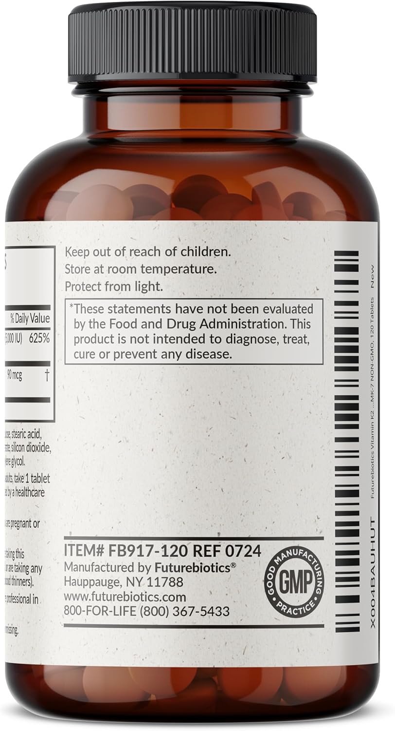 Futurebiotics Vitamina K2 con D3, 2 en 1, 5000 UI Vitamina D3 y 90 mcg Vitamina K2 MK-7, 120 Comprimidos