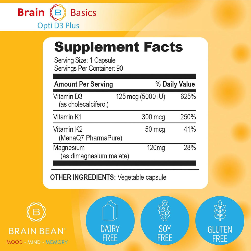 Brain Basic Opti D3 Plus - Vitamina D3 5000 UI con K1, K2 y Magnesio - Apoyo para Huesos, Músculos e Inmunidad