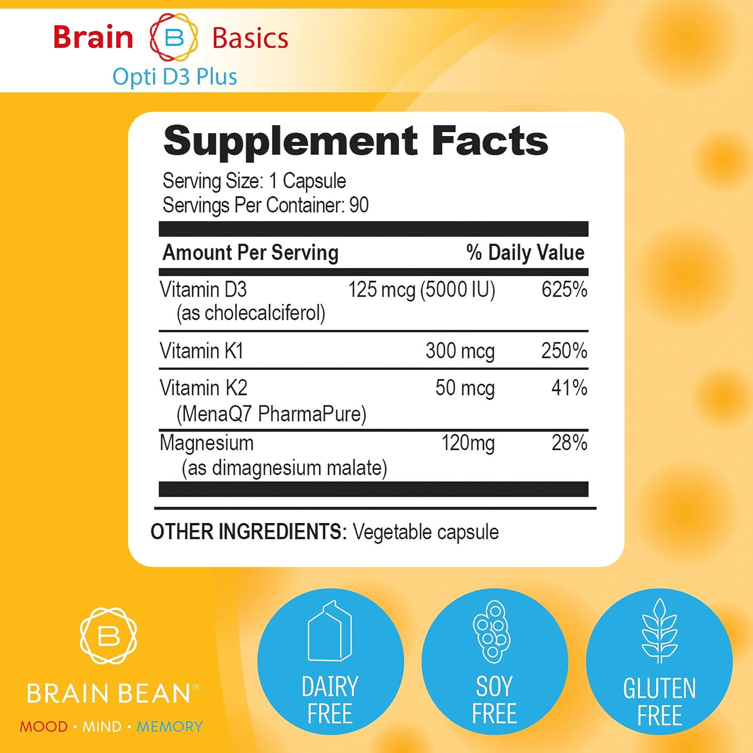 Brain Basic Opti D3 Plus - Vitamina D3 5000 UI con K1, K2 y Magnesio - Apoyo para Huesos, Músculos e Inmunidad
