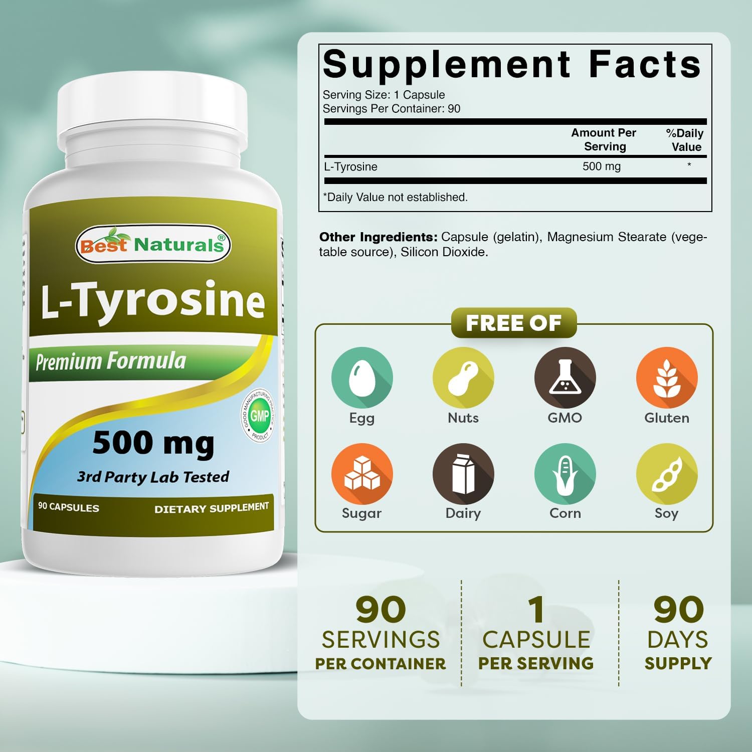 Best Naturals L-Tirosina 500 mg 90 Cápsulas