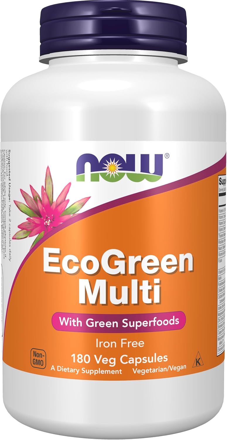 NOW Foods EcoGreen Multi Vitamin con Superalimentos Verdes, Sin Hierro, 180 Cápsulas Vegetales