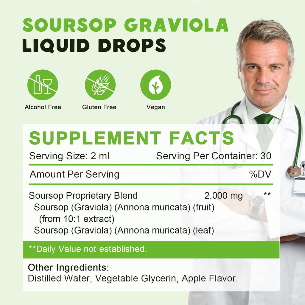 Gotas Orgánicas de Soursop Graviola - Extracto Líquido Puro con Sabor a Manzana - 60 ml (30 Días Vegano)