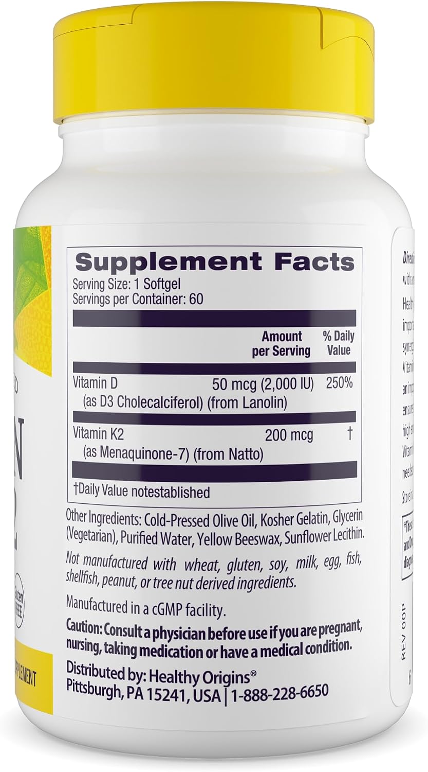 Healthy Origins Vitamina D3 y K2 - 50 mcg D3, 200 mcg K2 - 60 Cápsulas Blandas