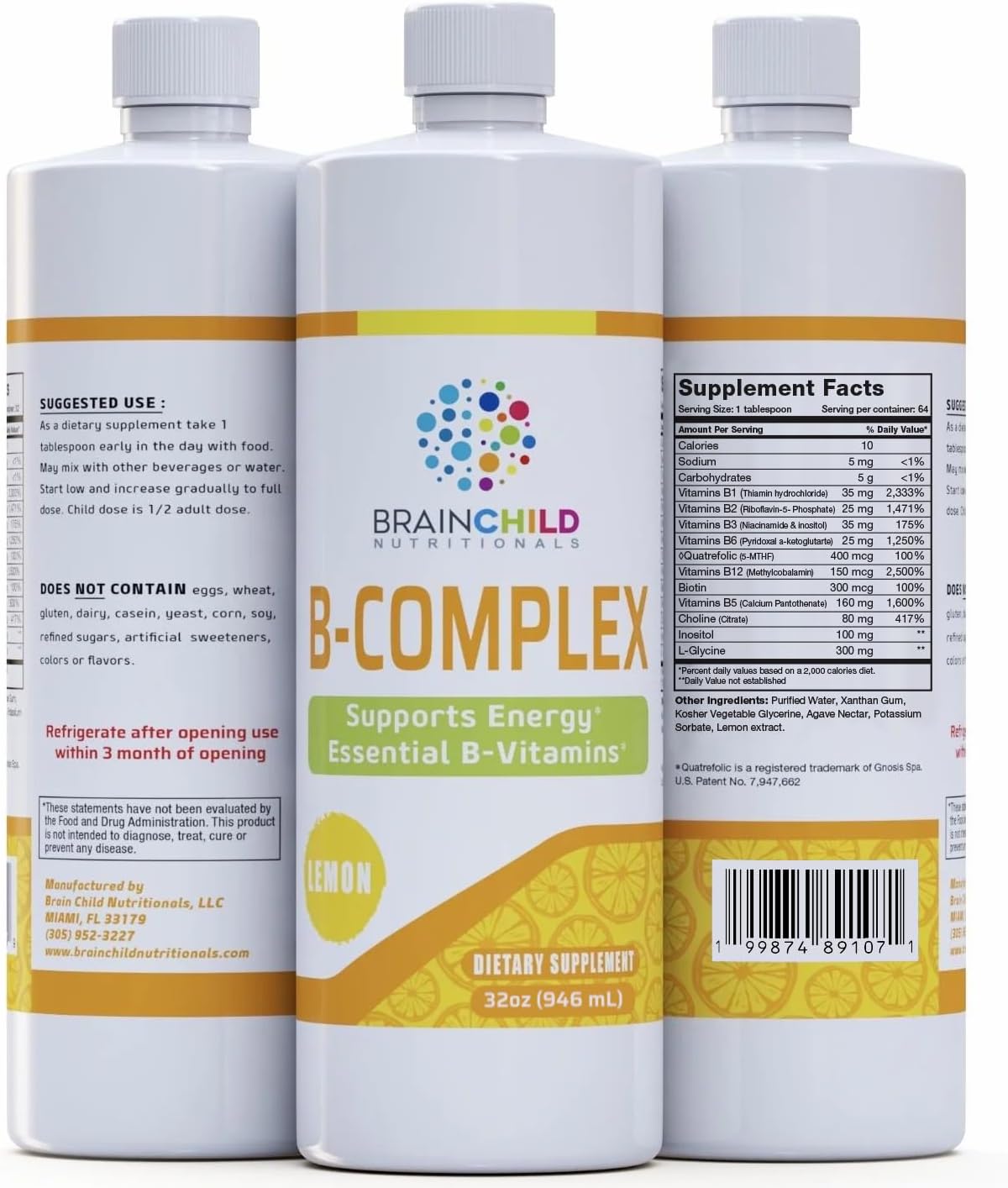 BrainChild B-Complex Líquido - Vitaminas B Metiladas de Alta Potencia para Energía, Estrés y Estado de Ánimo, Sin OGM, Vegano, Sin Gluten, Limón - 473 ml