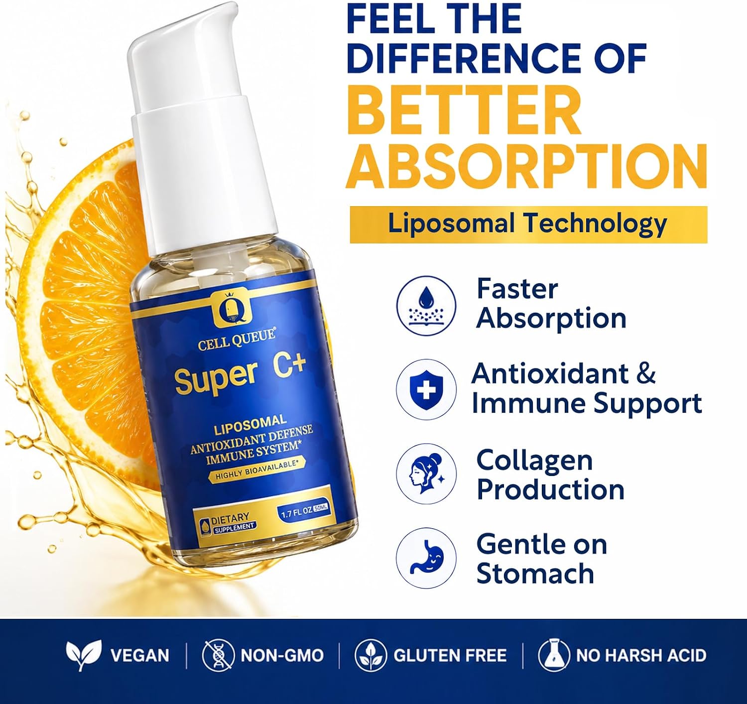 Cellqueue Vitamina C Liposomal Líquida 500 mg - Alta Absorción, Apoyo Inmunológico, Producción de Colágeno, Antioxidante, Suave para el Estómago, 50 ml