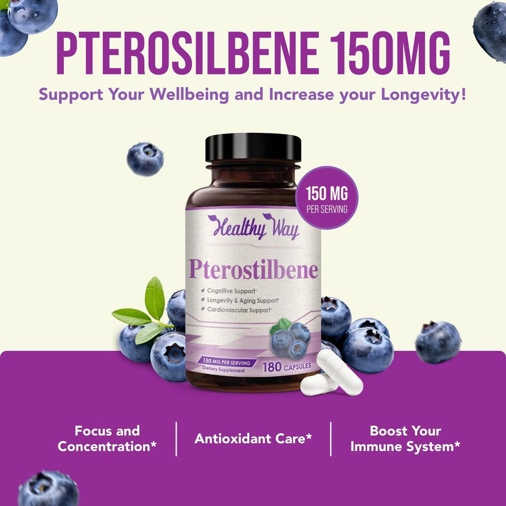 Pterostilbeno 150 mg - Suplemento Antioxidante, 180 Cápsulas
