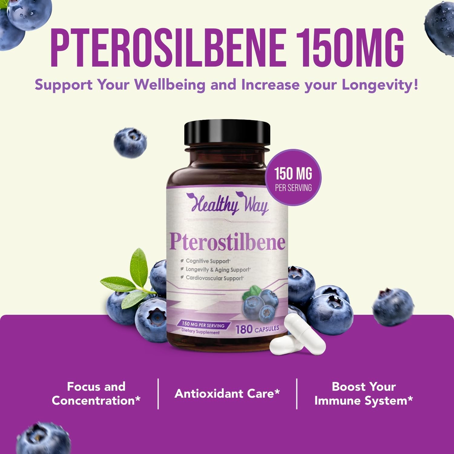 Pterostilbeno 150 mg - Suplemento Antioxidante, 180 Cápsulas