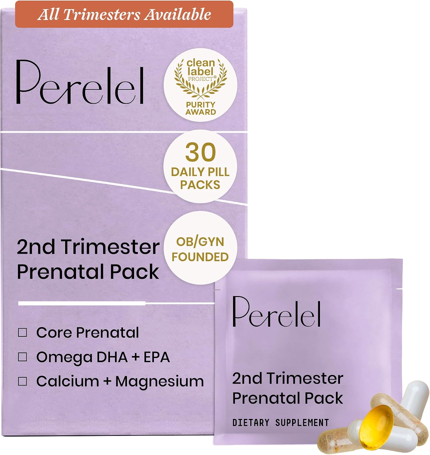 Perelel Pack Prenatal Segundo Trimestre - Multivitamínico con Magnesio, Omega 3, Hierro y Calcio, 30 Sobres Diarios