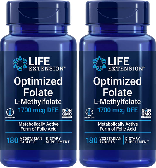 Life Extension Folato Optimizado (L-Metilfolato) 1700 mcg DFE, 180 Comprimidos Vegetales (Pack de 2)