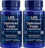 Life Extension Folato Optimizado (L-Metilfolato) 1700 mcg DFE, 180 Comprimidos Vegetales (Pack de 2)