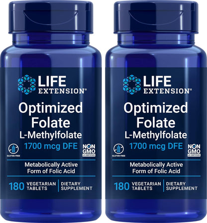 Life Extension Folato Optimizado (L-Metilfolato) 1700 mcg DFE, 180 Comprimidos Vegetales (Pack de 2) – Image 1