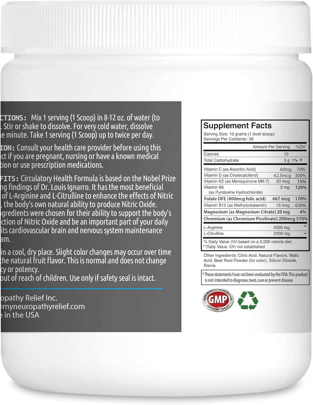 Neuropathy Relief™ Fórmula de Salud Circulatoria - Potenciador de Óxido Nítrico - Sabor Tropical - L-Arginina y L-Citrulina