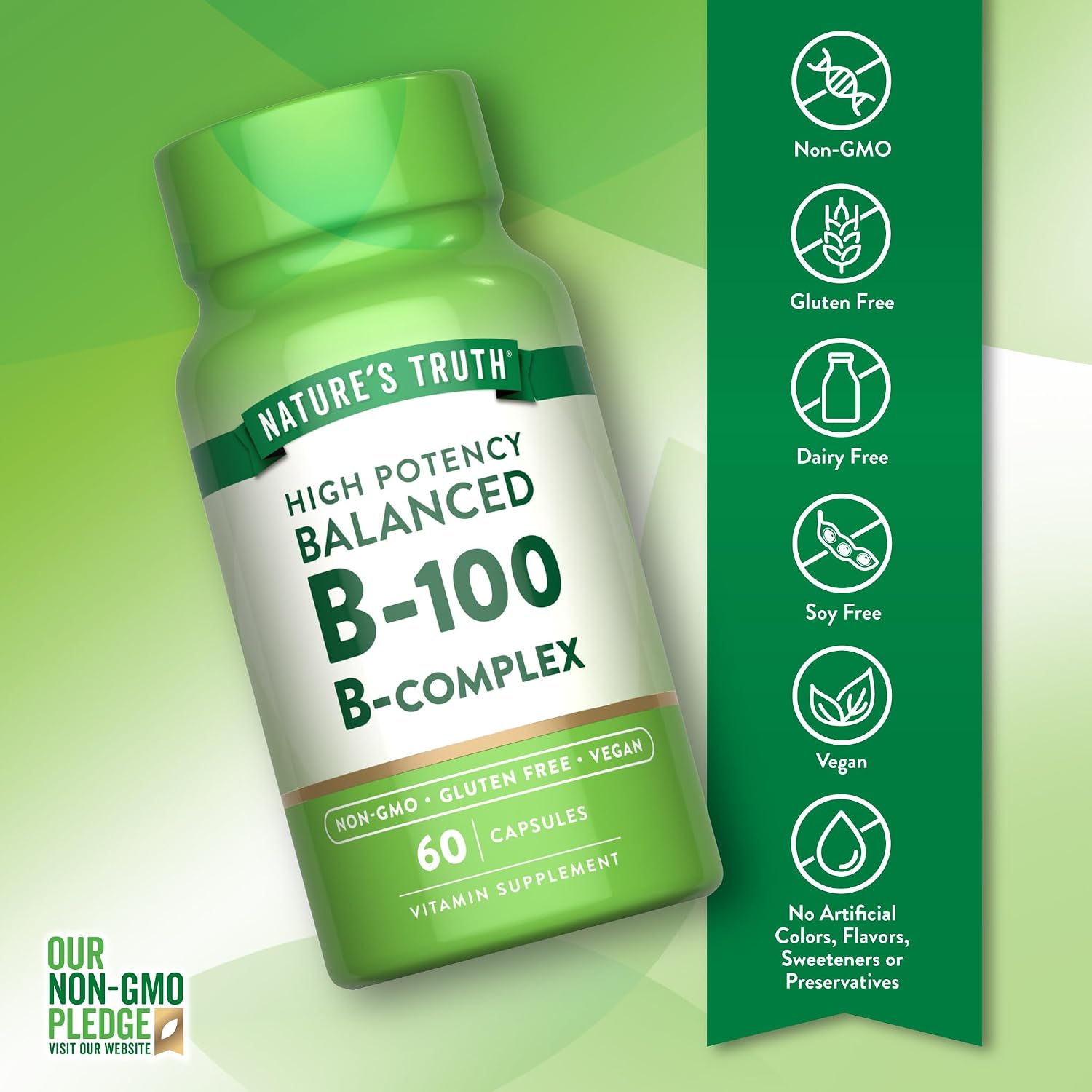 Nature's Truth Complejo B Vitaminas B Completo, 60 Cápsulas, Alta Potencia B-100, Vegano, Sin Gluten