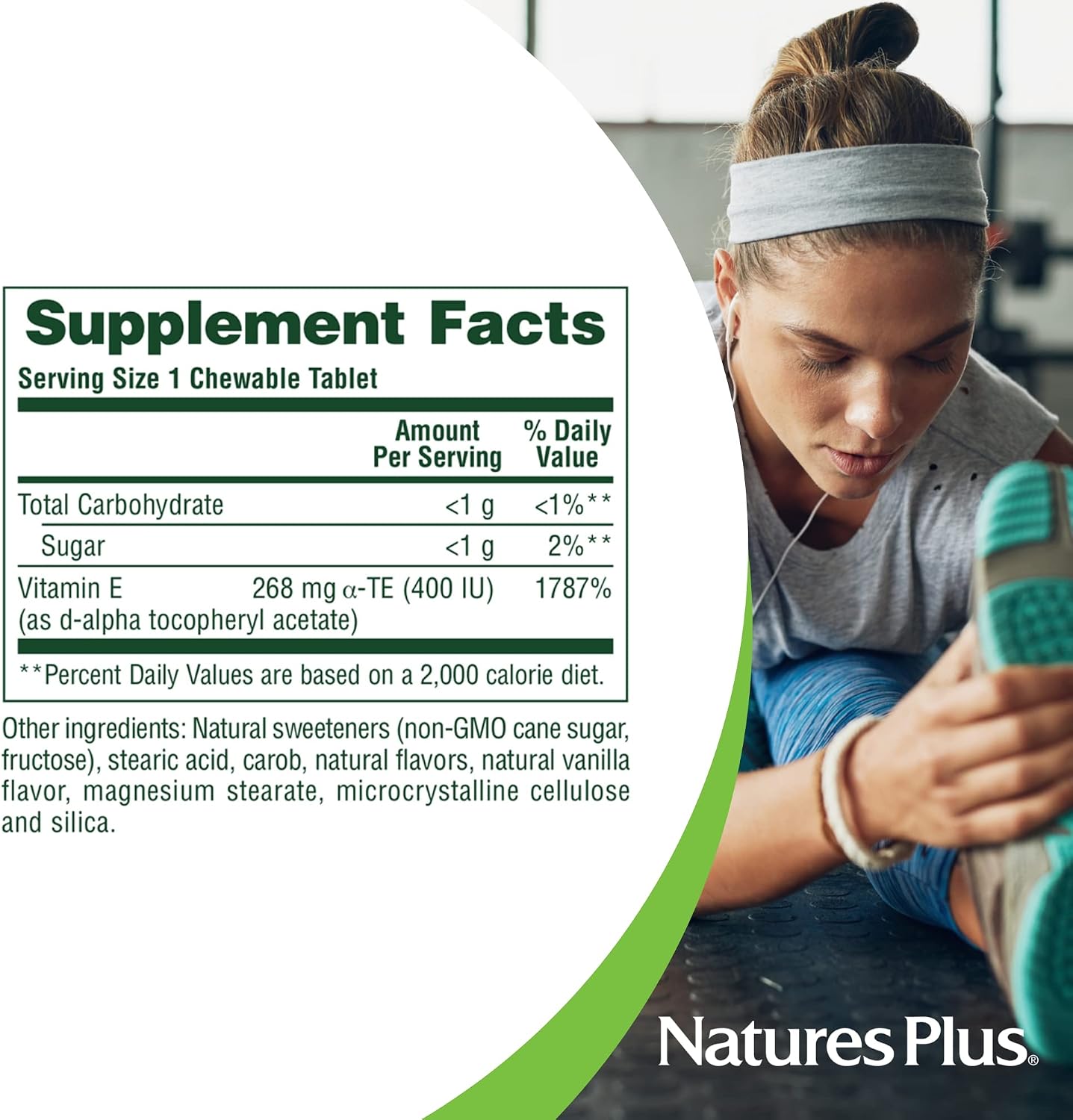 NaturesPlus Vitamina E 400 UI Masticable Sabor Algarroba - 90 Comprimidos - Protección Antioxidante - Sin Gluten, Vegano