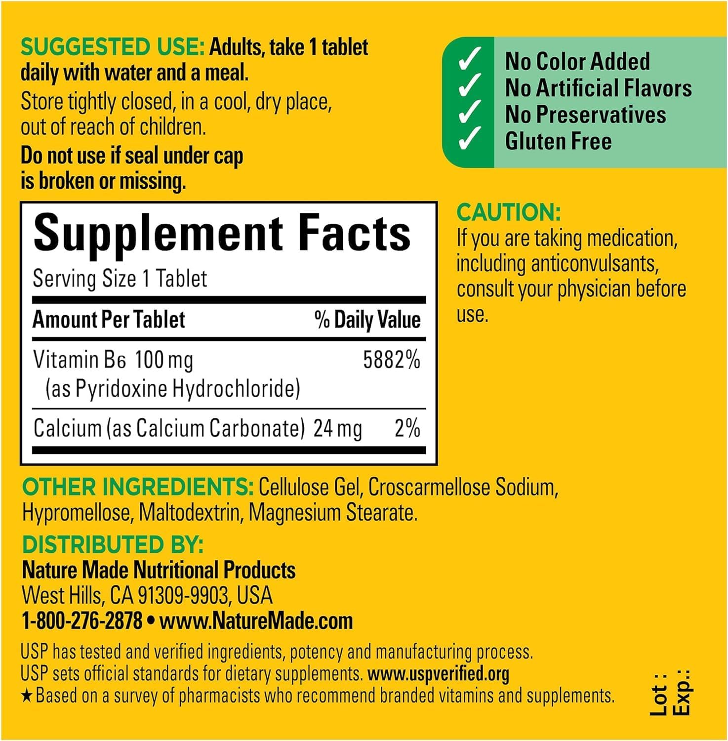 Nature Made Vitamina B6 100 mg, 100 tabletas