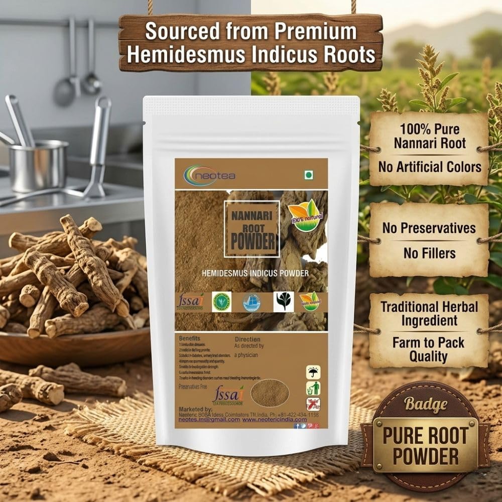 neotea Polvo de Raíz de Nannari 500g | Hemidesmus Indicus | Bebida Refrescante Natural | Sin Aditivos