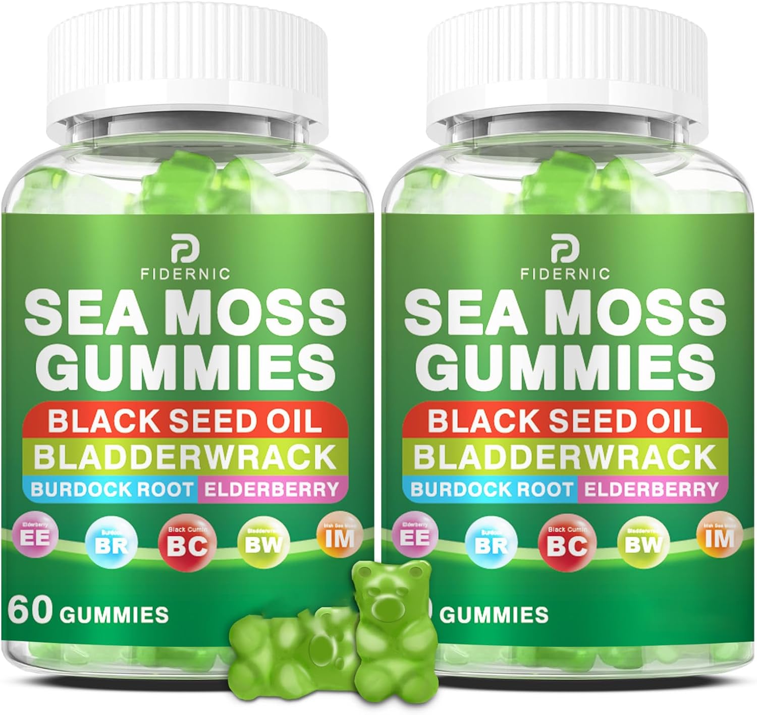 Gominolas de Sea Moss – Musgo Irlandés con Saúco y Aceite de Semilla Negra, Vejiga de Mar, Raíz de Bardana – Sabor a Manzana Verde – 120 Gominolas Veganas
