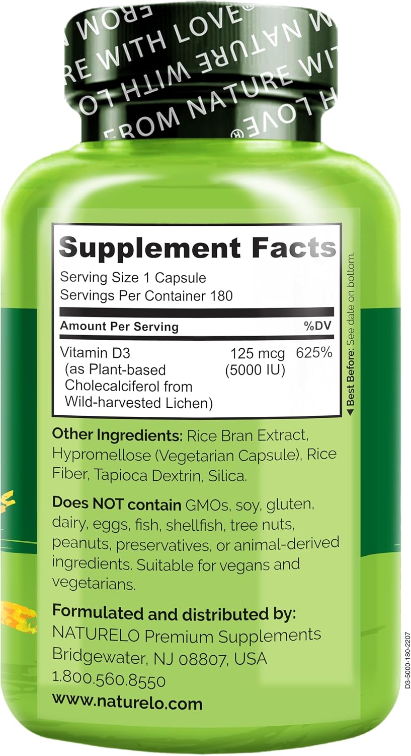 NATURELO Vitamina D3 5000 UI - Vegana a base de Liquen - 180 Cápsulas