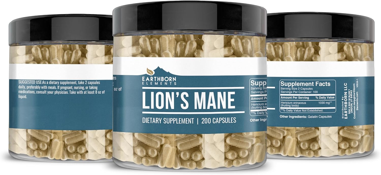 Earthborn Elements Lion's Mane 200 Cápsulas – Puro y Sin Aditivos