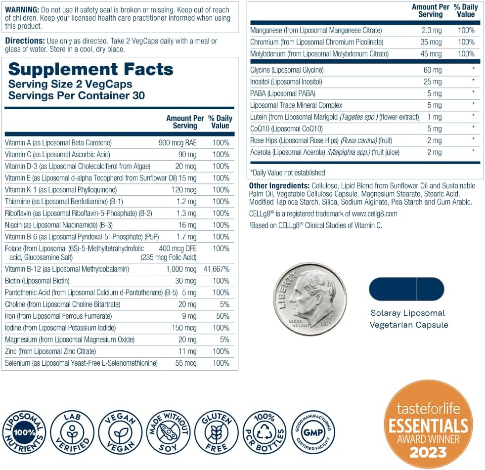 SOLARAY Multivitamínico Liposomal para Hombres y Mujeres, Alta Potencia, 60 Cápsulas Veganas
