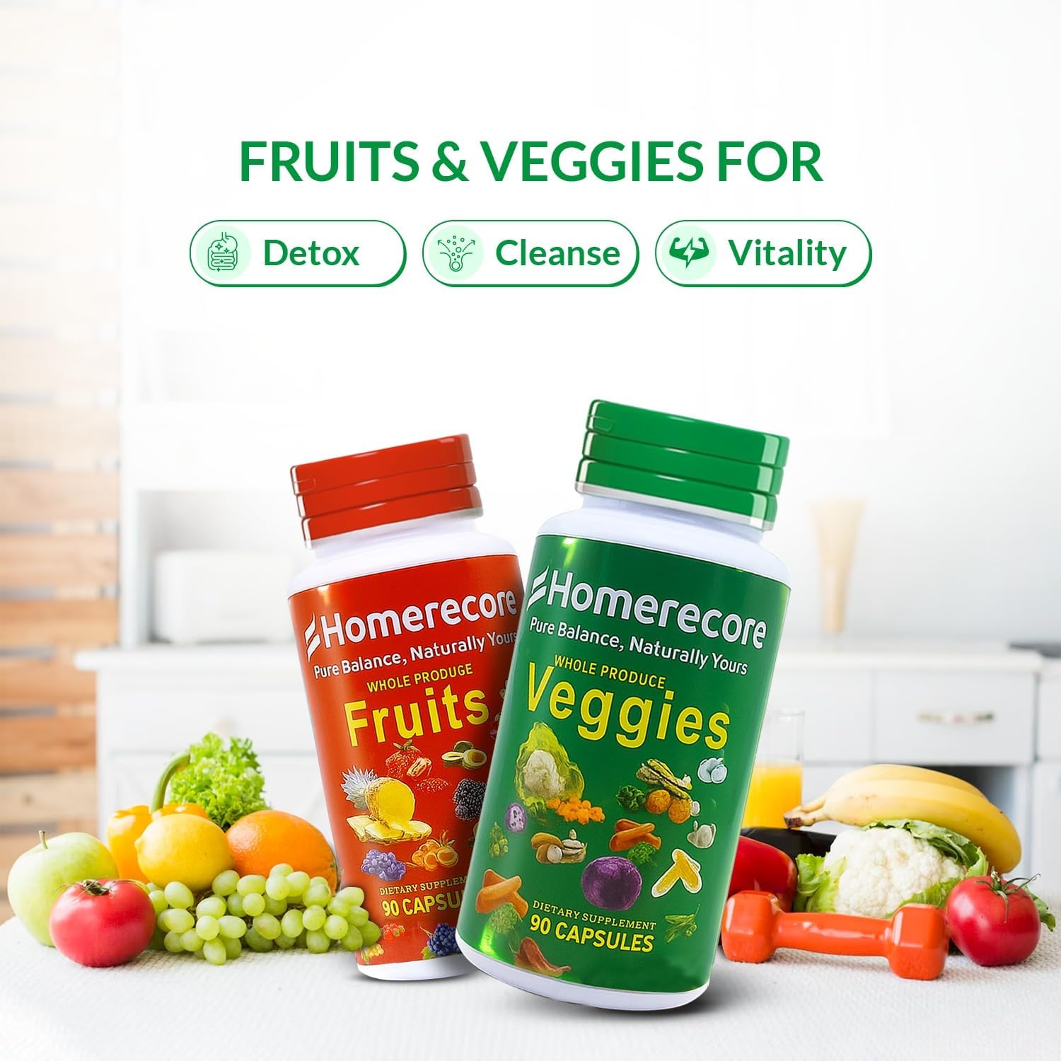 HOMERECORE Suplemento de Frutas y Verduras Enteras - 180 Cápsulas - Vegano, Sin Gluten, Sin Soja