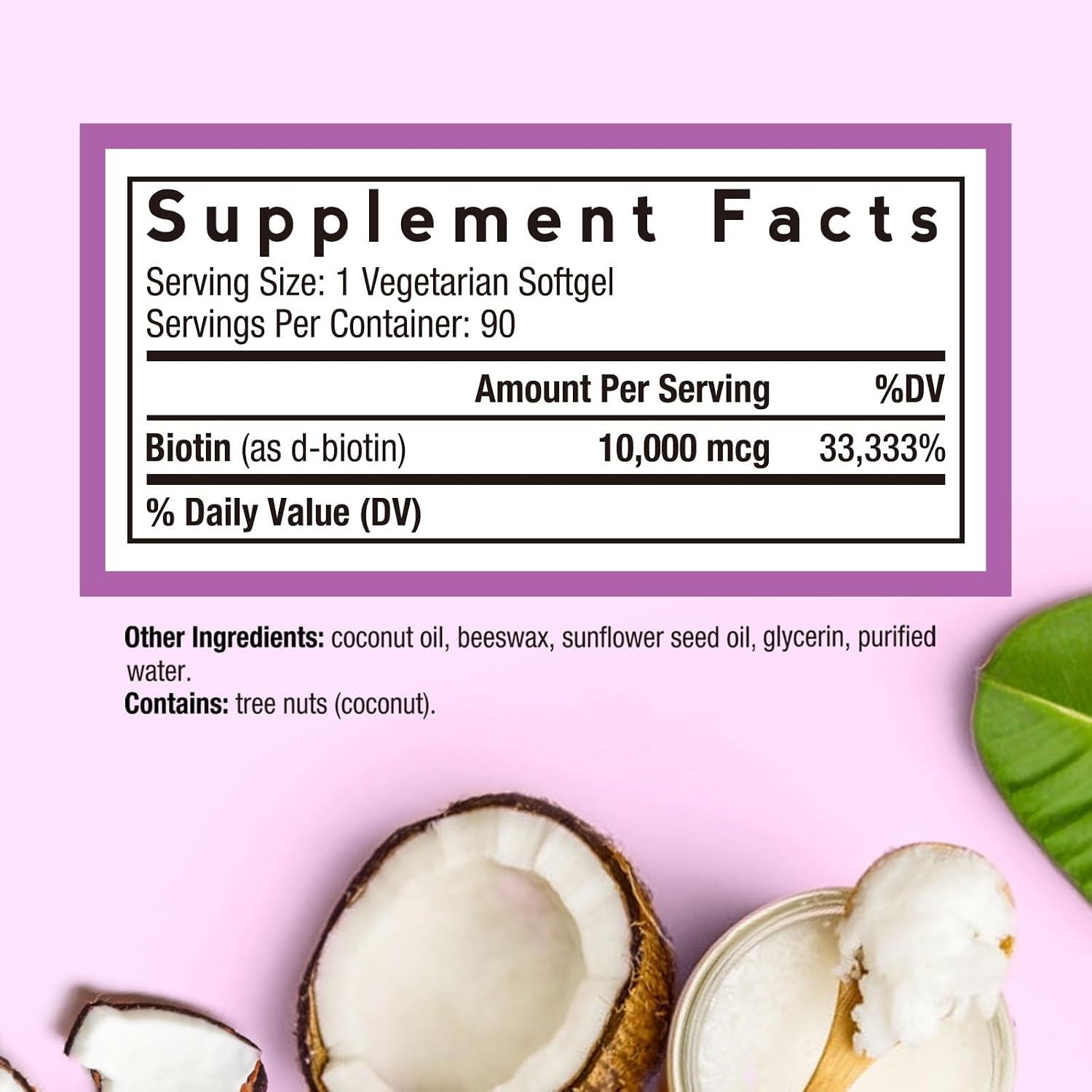 Doctor's Recipes Biotin 10,000 mcg con Aceite de Coco - Suplemento Vegetariano para Metabolismo Energético y Mantenimiento del Cabello (90 Softgels)