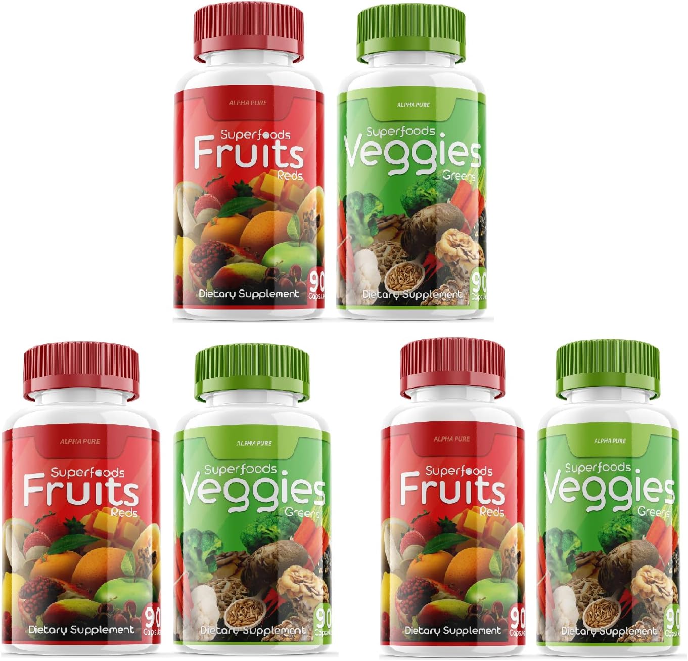 Superfoods Greens & Veggies, Fruits and Reds Cápsulas – Suplemento de Frutas y Verduras, Apoyo Digestivo e Inmunológico, 540 Cápsulas – Alpha Pure