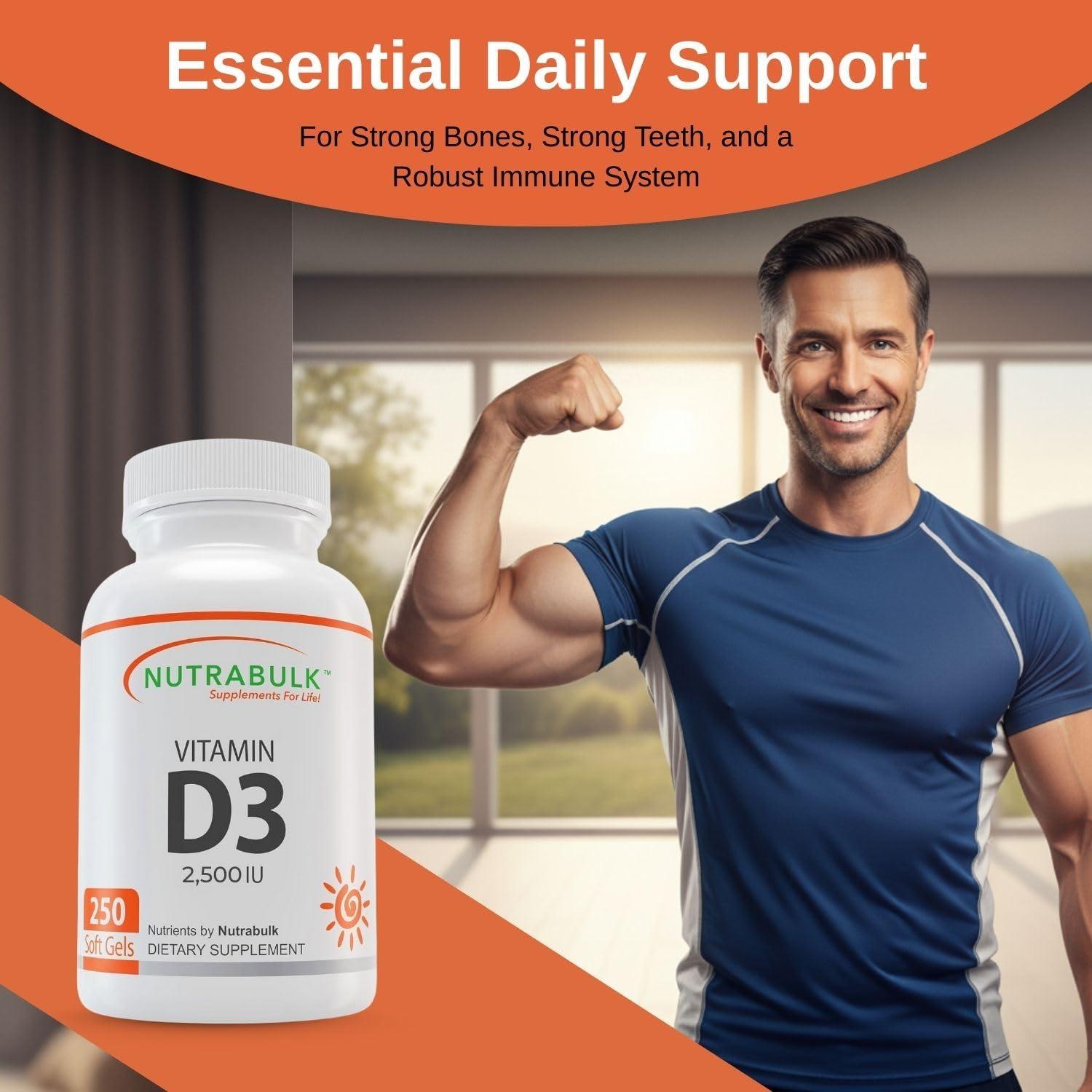 NutraBulk Vitamina D3 2500 UI - 250 Cápsulas Blandas - Alta Potencia - No-GMO, Sin Gluten, Hecho en EE.UU.