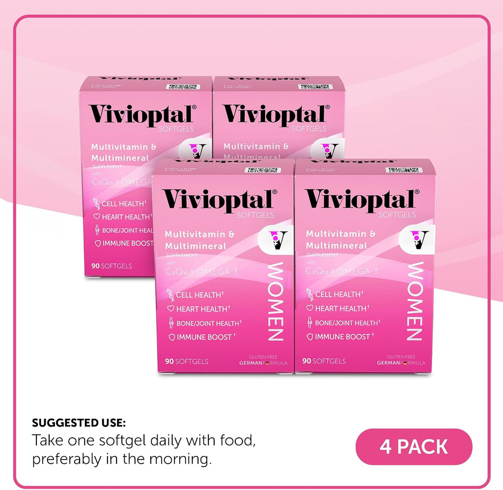 Vivioptal Women, 90 Cápsulas (Suministro para 1 Año), CoQ10 y Omega-3, Multivitamínico y Multimineral, Sin Gluten, Fórmula Alemana