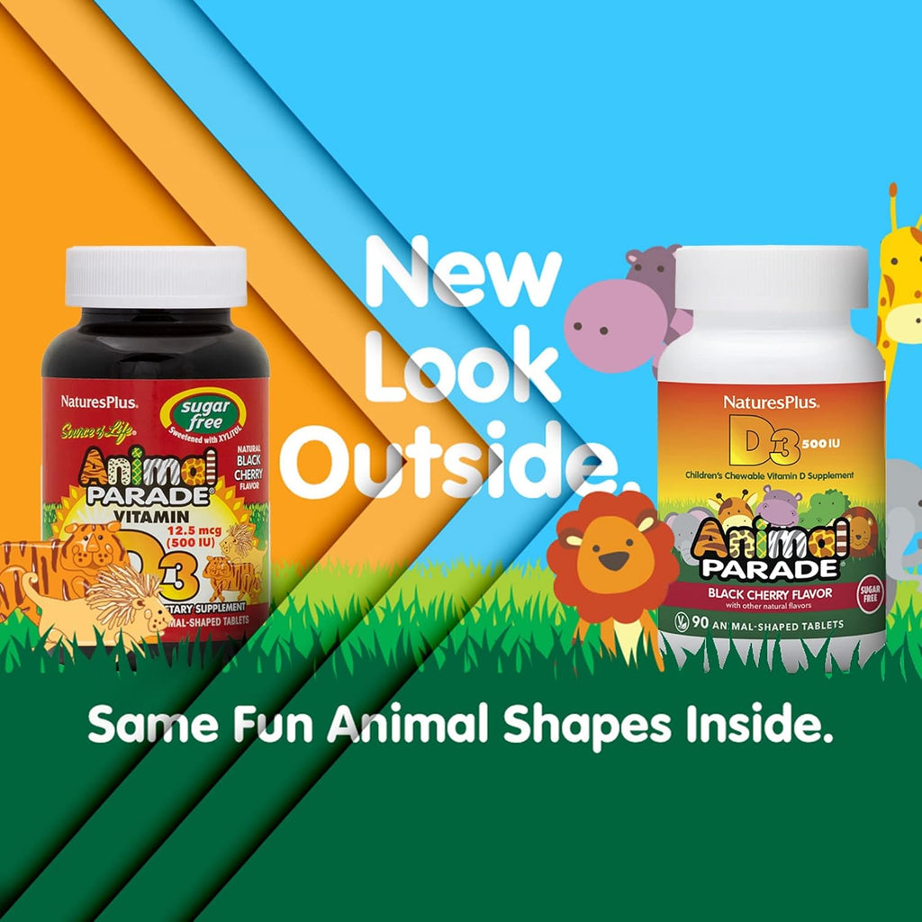 Natures Plus Animal Parade Vitamina D3 Sin Azúcar para Niños - 500 UI - Sabor Cereza Negra - 90 Comprimidos Masticables con Forma de Animal