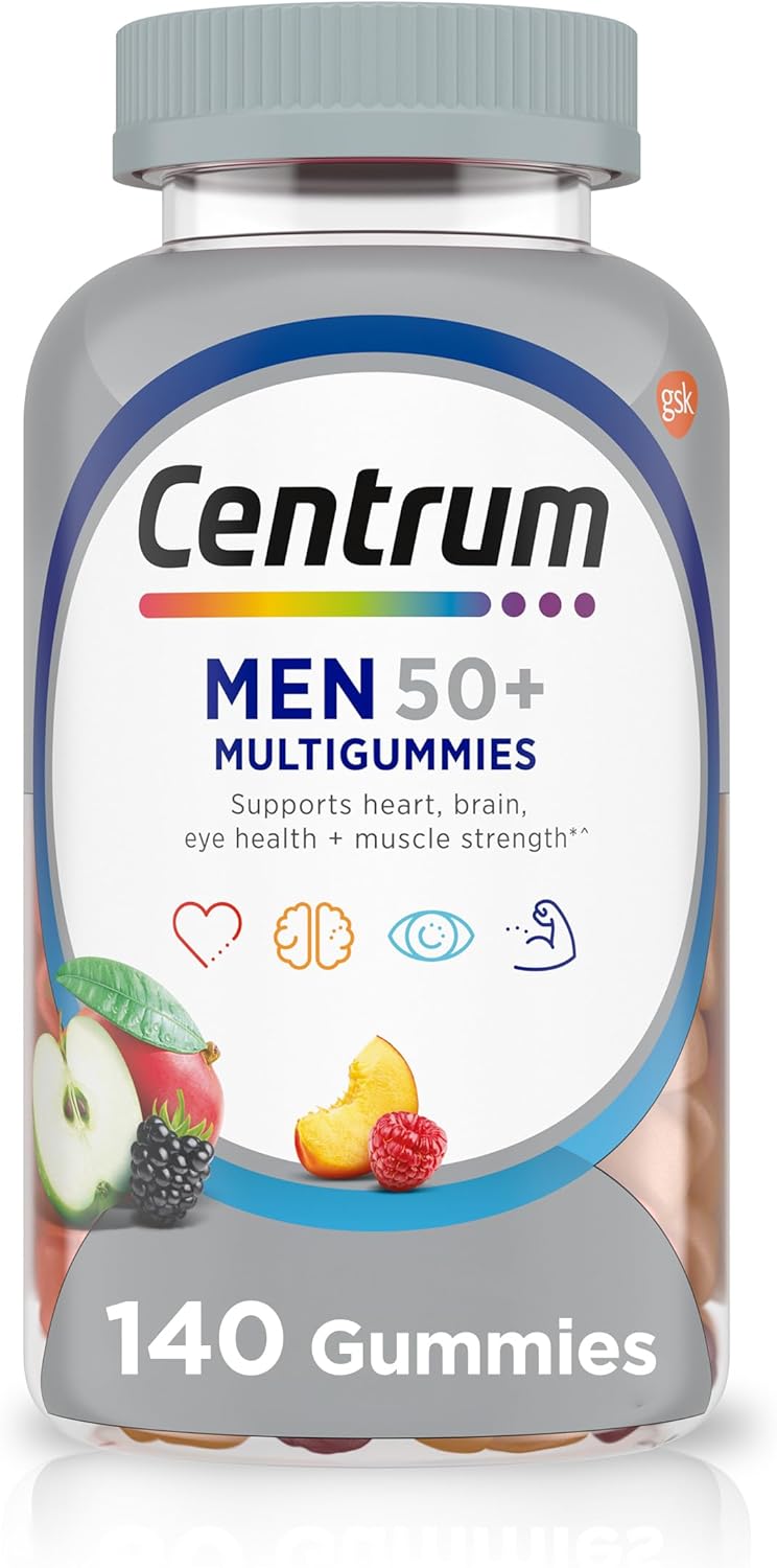 Centrum MultiGummies para Hombres 50 Plus, Multivitamínico con Vitaminas D3, E, B6, B12, Sabor a Frutas Variadas - 140 Gominolas