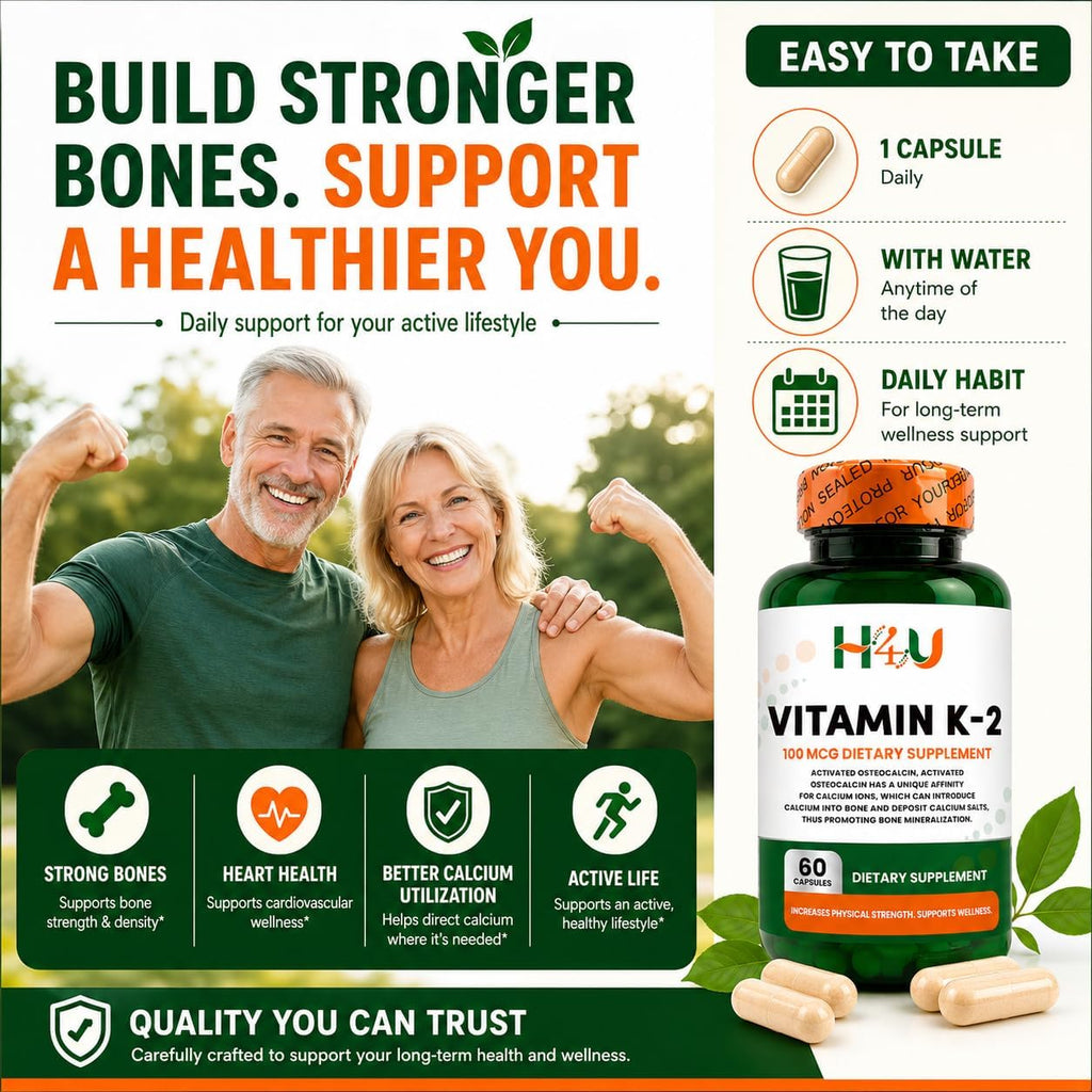 H4U Vitamina K2 MK-7 100 mcg – 60 Cápsulas Veganas | Apoya Huesos y Corazón