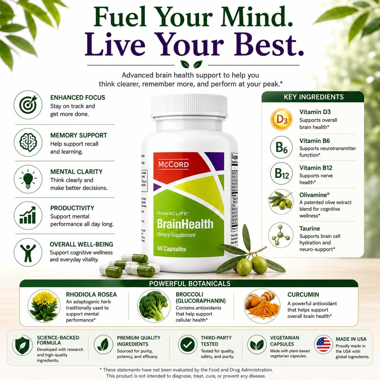 McCord BrainHealth Complemento Cerebral con Olivamine, Vitaminas D3, B6, B12, Rhodiola Rosea, Magnesio y Taurina