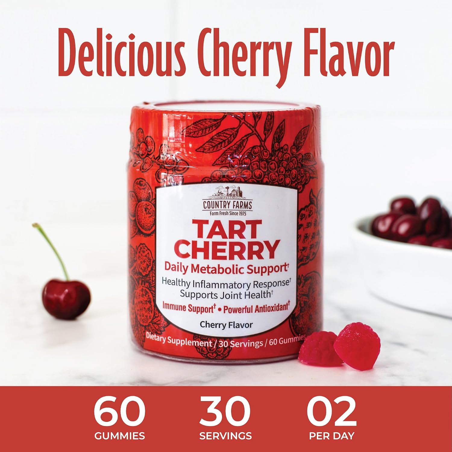 Country Farms Gominolas de Cereza Ácida – Apoyo Metabólico y Óseo, Antioxidantes, 60 Gominolas