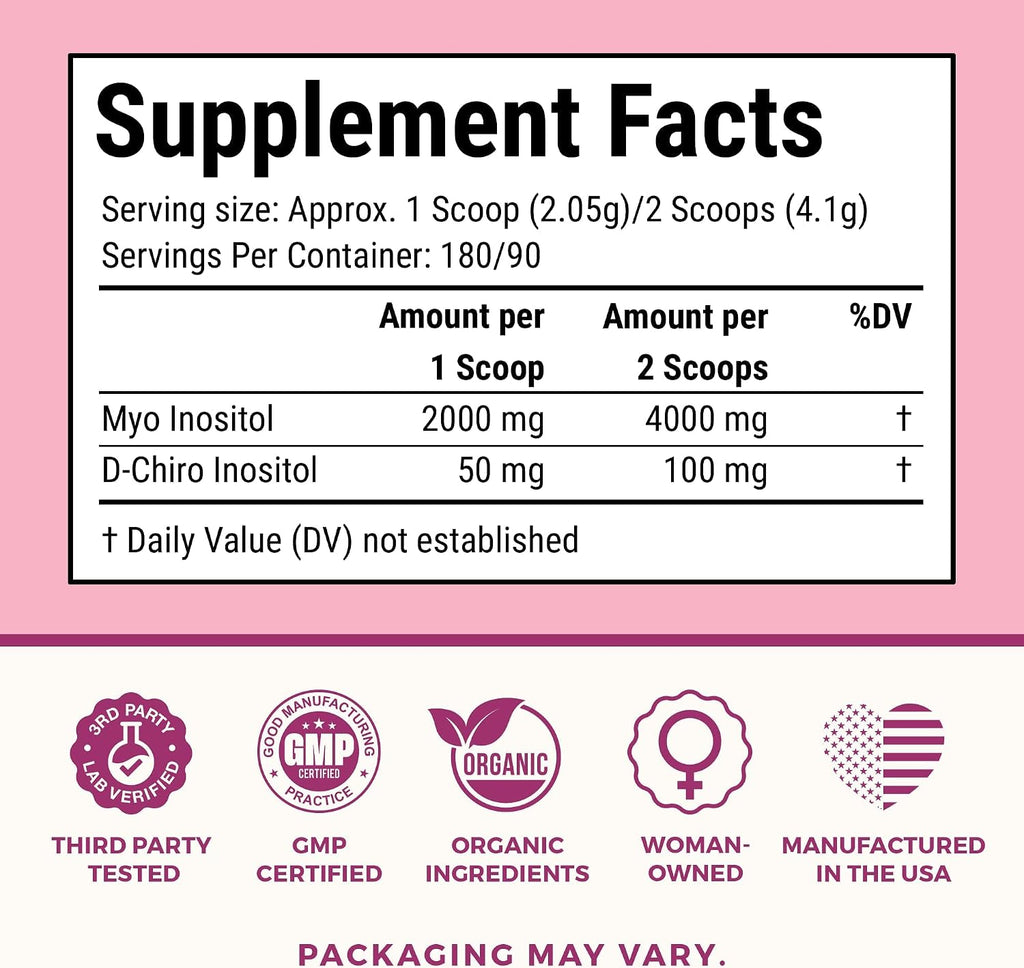 Suplemento de Myo e Inositol D-Chiro 40:1 para Ciclos y Fertilidad, 180 Porciones | 2000 mg de Myo-Inositol y 50 mg de D-Chiro para Batidos, Té y Bebidas - Fabricado en EE. UU. 13.02 oz de Inositol en Polvo para el Bienestar Femenino